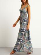 Romwe Multicolor Vintage Print Backless Lace Strap Maxi Dress