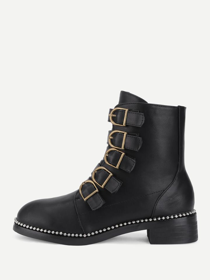 Romwe Buckle Design Pu Ankle Boots