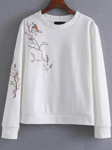 Romwe White Plum Embroidery Casual Sweatshirt