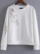 Romwe White Plum Embroidery Casual Sweatshirt