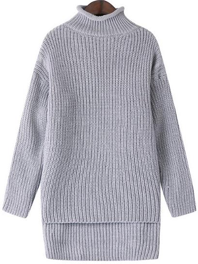 Romwe High Neck Dip Hem Grey Sweater
