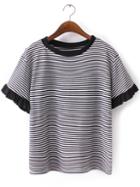 Romwe Black Ruffle Cuff Short Sleeve Stripe T-shirt