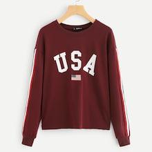 Romwe Striped Tape Detail Graphic Pullover