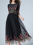Romwe Black Gauze Embroidered A-line Midi Dress