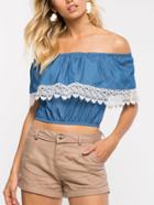 Romwe Blue Crochet Trim Ruffled Off The Shoulder Denim Top