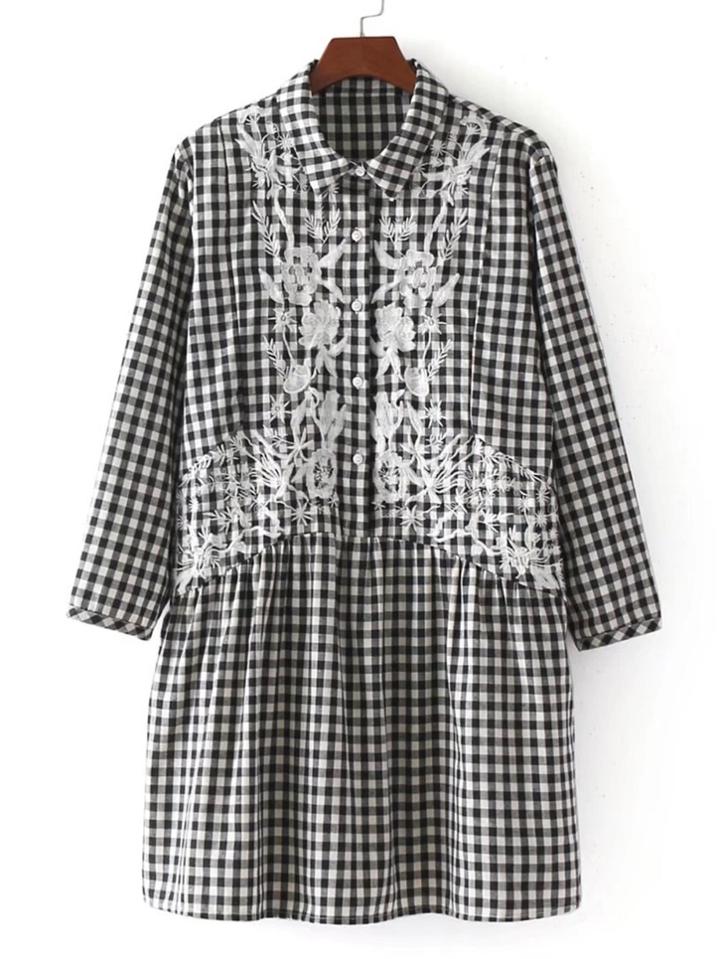 Romwe Embroidery Flower Drop Waist Gingham Dress