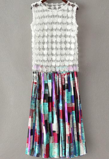 Romwe Sheer Mesh Crochet Top With Patchwork Pleated Skirt