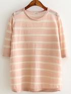 Romwe Pink Round Neck Stripe Sheer T-shirt