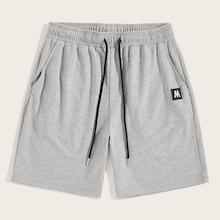 Romwe Guys Heather Grey Patched Drawstring Waist Shorts