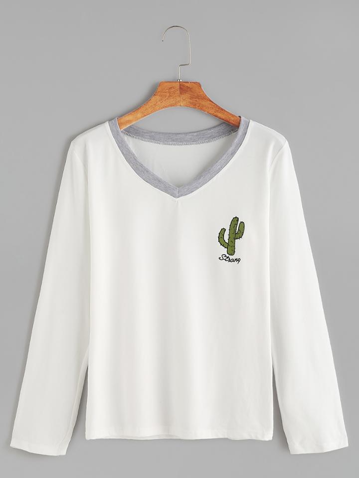 Romwe Ivory Contrast V Neck Cactus Print T-shirt