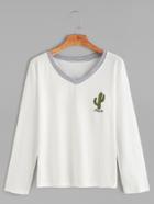 Romwe Ivory Contrast V Neck Cactus Print T-shirt