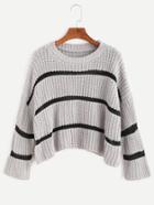 Romwe Heather Grey Striped Dropped Shoulder Seam Crop Sweater