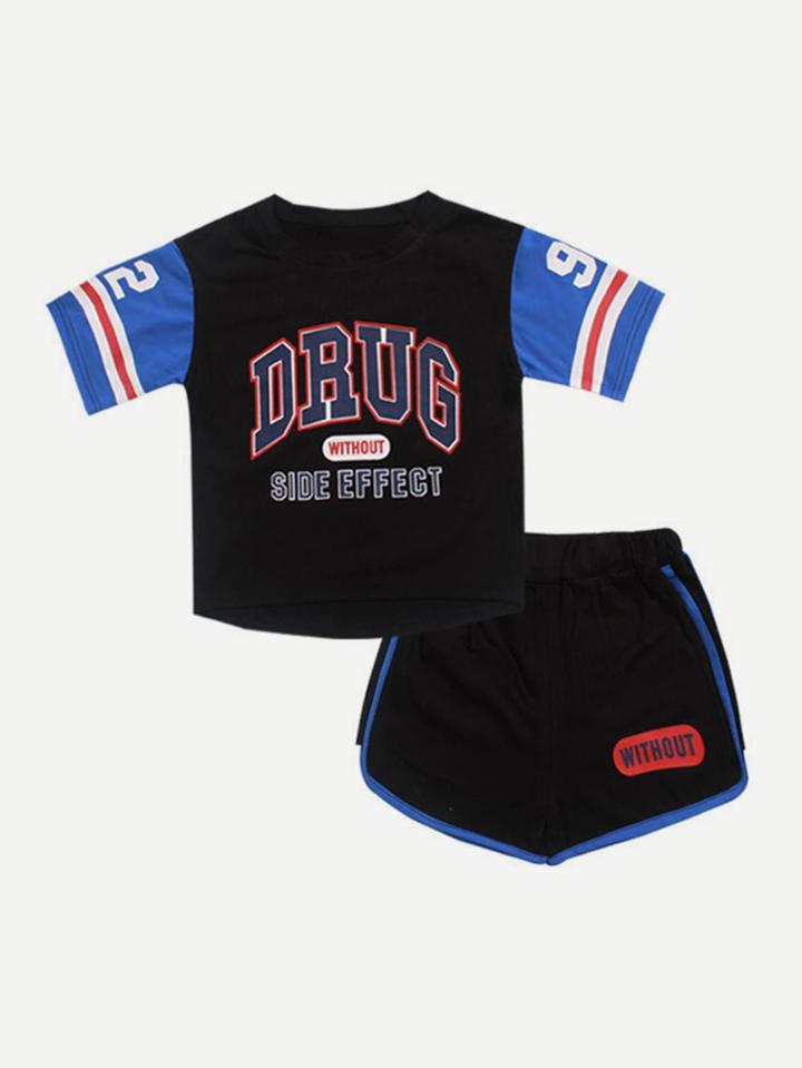 Romwe Letter Print Varsity Striped Tee With Ringer Shorts