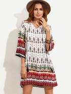 Romwe White Vintage Print Tassel Tie Neck Tunic Dress