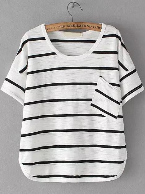 Romwe Black White Short Sleeve Striped Pocket T-shirt