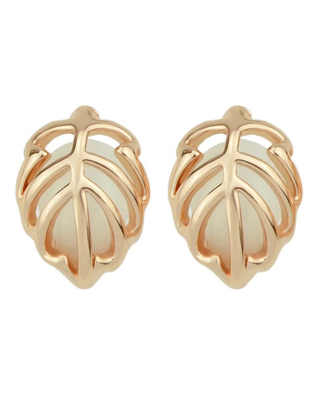 Romwe Fashion Small 18k Gold Plated Rhinestone Leaf Stud Earrings