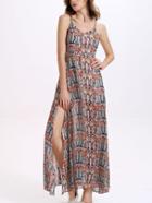 Romwe Abstract Geo Print Slit Long Cami Dress
