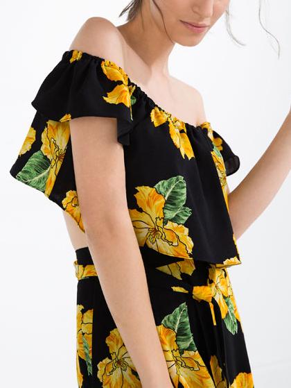 Romwe Black Flower Print Off The Shoulder Top