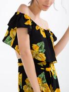 Romwe Black Flower Print Off The Shoulder Top