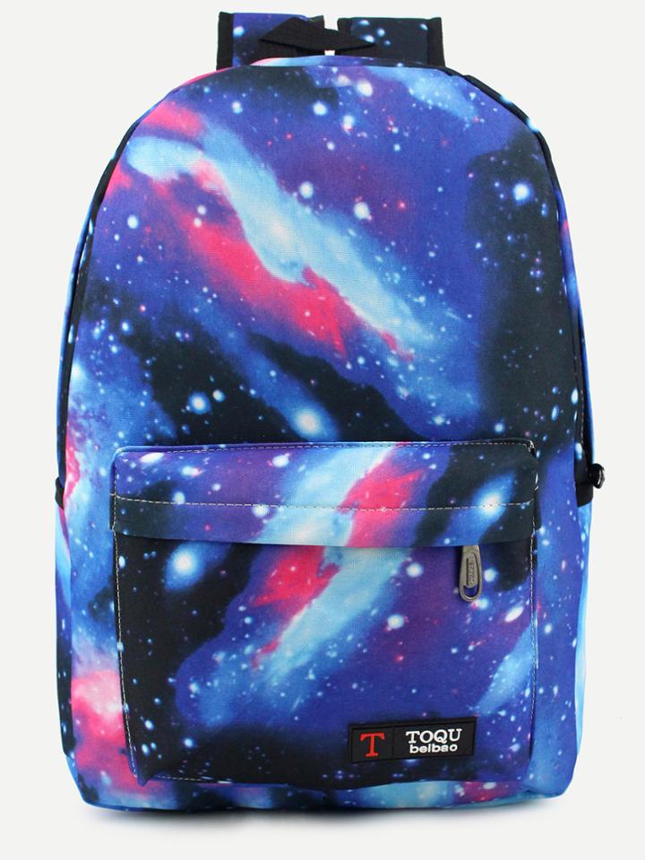 Romwe Blue Galaxy Print Canvas Backpack