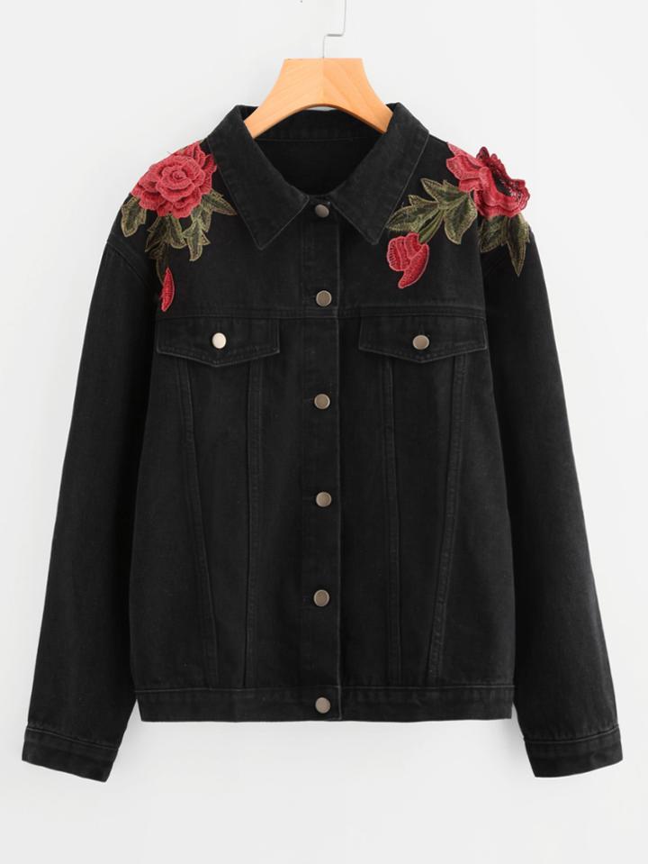 Romwe 3d Rose Applique Denim Jacket
