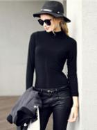 Romwe Black Polo Neck Long Sleeve Slim T-shirt