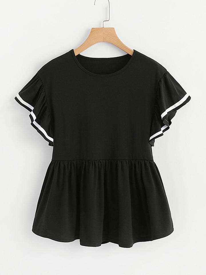Romwe Contrast Trim Ruffle Hem Top