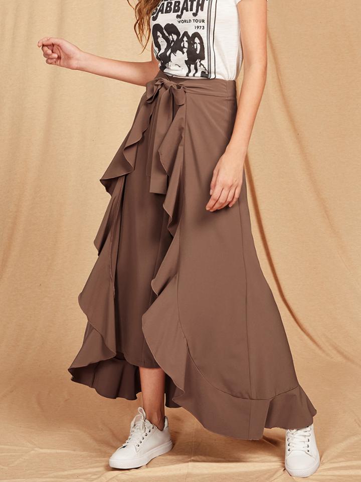 Romwe Ruffle Trim Tie Front Wrap Pants
