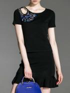 Romwe Black Knit Hollow Sequined Top With Frill Skirt
