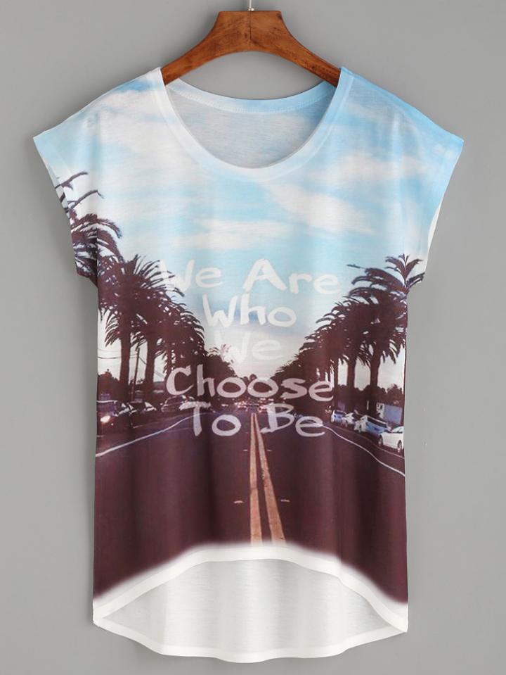 Romwe Multicolor Road View Print High Low T-shirt