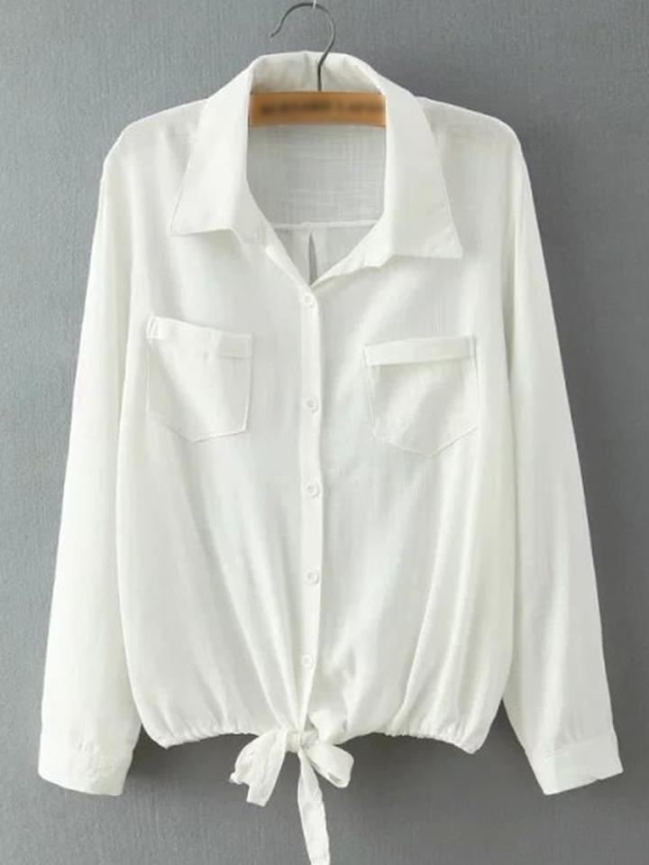 Romwe White Lapel Long Sleeve Bottons Front Pockets Blouse