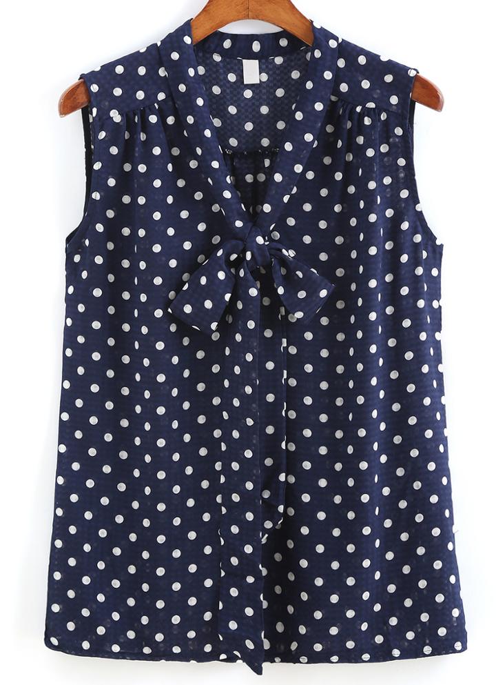 Romwe V Neck Bow Polka Dot Blue Tank Top