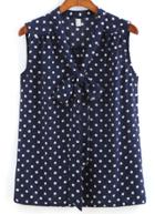 Romwe V Neck Bow Polka Dot Blue Tank Top