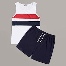 Romwe Guys Colorblock Tank Top And Slant Pocket Shorts Set