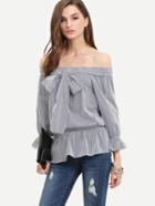 Romwe Black Off The Shoulder Bow Tie Striped Blouse