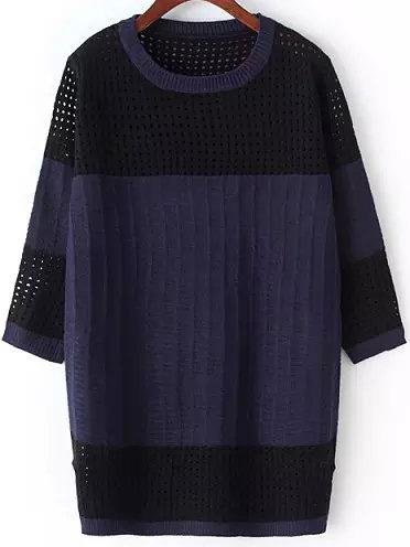 Romwe Long Sleeve Hollow Navy Sweater