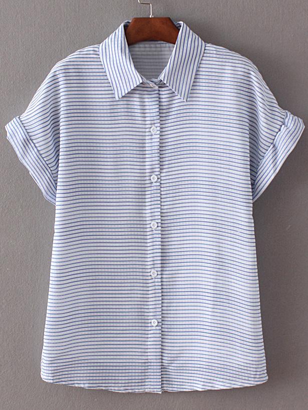 Romwe Multicolor Bell Sleeve Buttons Front Stripe Blouse