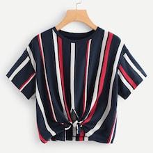 Romwe Striped Cut Out Knot Tee