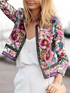 Romwe Vintage Print Slim Crop Coat