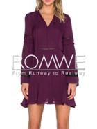 Romwe Burgundy Drawstring Neck Eyelet Chiffon Dress