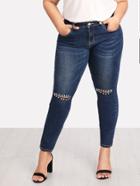 Romwe Knee Rips Faux Pearl Detail Jeans