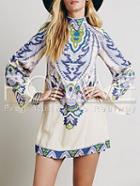 Romwe Apricot Long Sleeve Vintage Print Dress