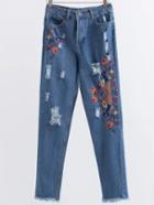 Romwe Blue Embroidery Ripped Raw Hem Jeans