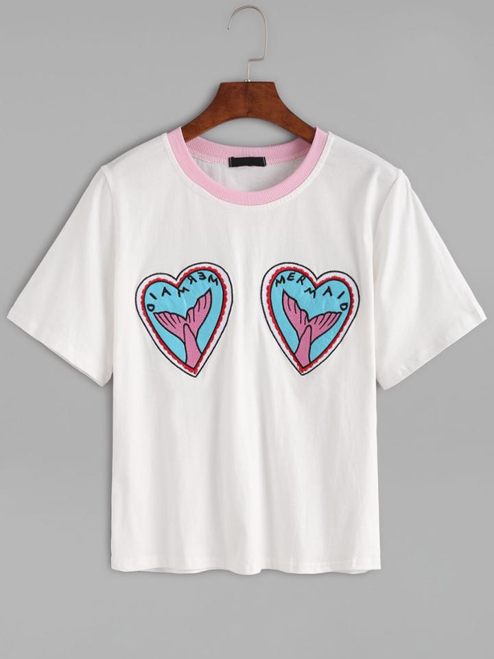 Romwe White Contrast Neck Heart Embroidered T-shirt