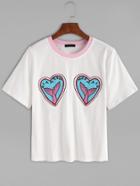 Romwe White Contrast Neck Heart Embroidered T-shirt