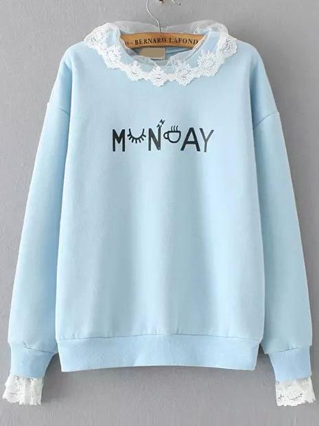 Romwe Contrast Lace Letter Print Blue Sweatshirt