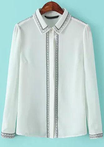 Romwe White Long Sleeve Chiffon Embroidered Pattern Blouse