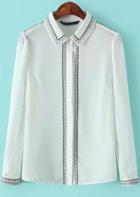 Romwe White Long Sleeve Chiffon Embroidered Pattern Blouse
