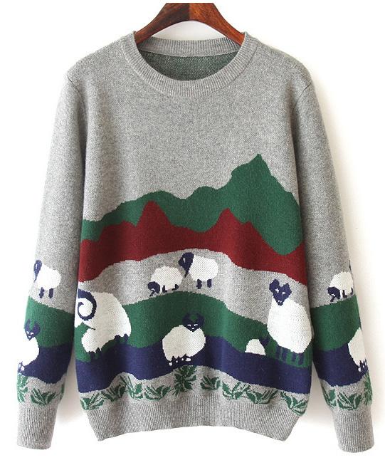 Romwe Sheep Print Loose Grey Sweater
