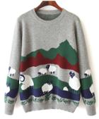 Romwe Sheep Print Loose Grey Sweater